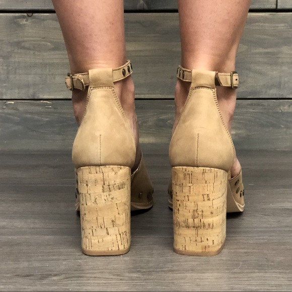 Genuine Leather Studs Cork Heel Peep Toe Sandals - Picture 4 of 6